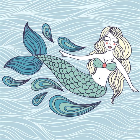 Cute Mystical Mermaiddeep Oceanvector Digital Art by Maria Sem - Fine ...