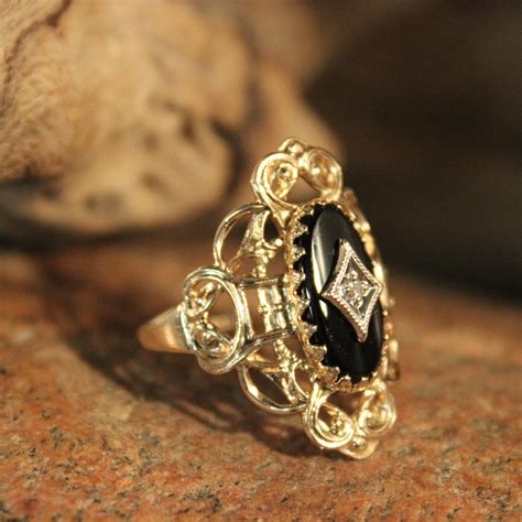 Vintage 10k Solid Gold Diamond Ring Onyx Gold Ring 3.9 Grams Gold Woman Diamond Ring Size 9 Gold ...