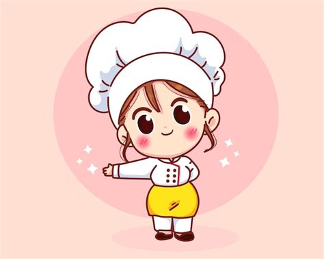 Free Vector | Cute chef girl smiling in uniform welcoming and inviting his guests cartoon art ...