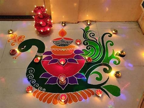 Peacock Rangoli in office | Rangoli designs simple diwali, Free hand ...