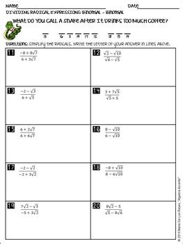 Dividing Binomial Radical Expressions Worksheet - Harry Carrol's English Worksheets