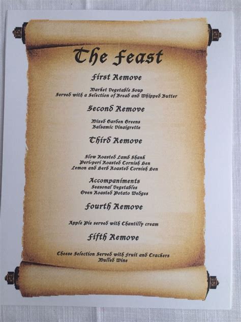 Menu for Medieval dinner Feast | Slow roast lamb, Roasted potato wedges ...