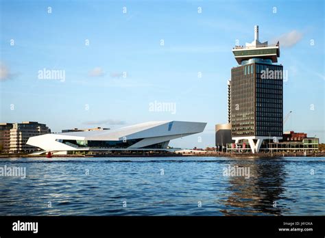 Amsterdam, Netherlands - April, 2017: EYE Film museum and Adam tower building in Amsterdam city ...