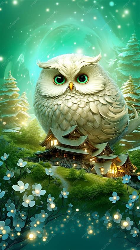 Premium AI Image | A painting of a white owl with green eyes sits on a green landscape.