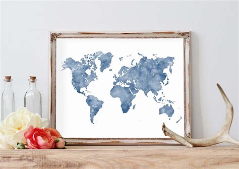 Watercolor World Map Wall Art Map of The World Blue Wall Art | Etsy