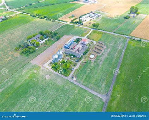 Aerial View of Farm, Red Barns, Corn Field in September. Harvest Season. Rural Landscape ...