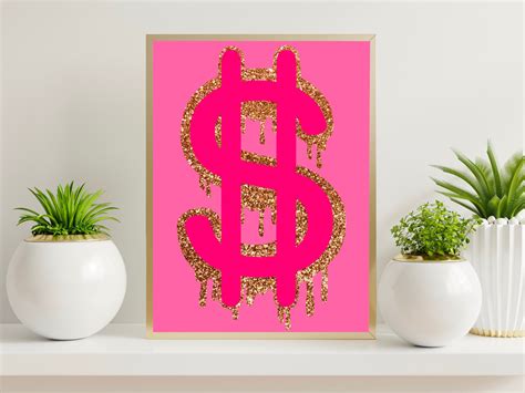 Gold Preppy, Girly Room Decor, Y2k Art, Gold Poster, Pink Painting, Gold Money, Dollar Sign ...