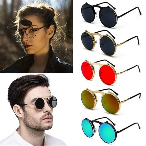 Vintage Retro Flip-up Steampunk Sunglasses Men Women Metal Round ...