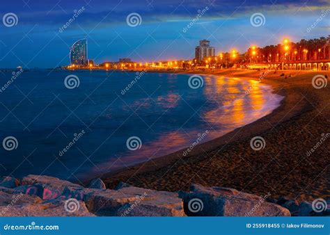 Illuminated Barceloneta Beach on Mediterranean Coastline on Summer ...