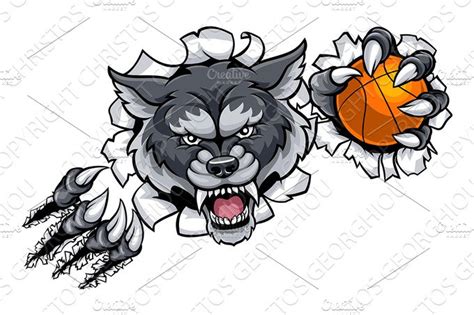 Wolf Basketball Mascot Breaking Background | Illustrator Graphics ~ Creative Market