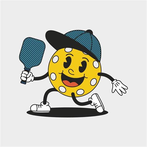 Pickleball ball mascot in cap with racket. Funny cartoon character ...