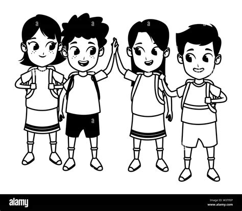 childhood cute school students cartoon in black and white Stock Vector ...