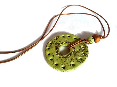 Green bronze handcrafted polymer clay bohemian hippie rustic cicle pendant necklace for women in ...