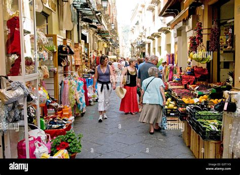 Shopping in the narrow streets of Sorrento, near Naples, Italy Stock ...