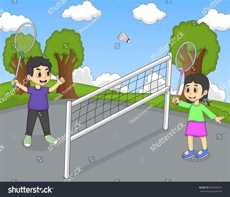 Children Playing Badminton Park Cartoon Vector: เวกเตอร์สต็อก (ปลอดค่า ...