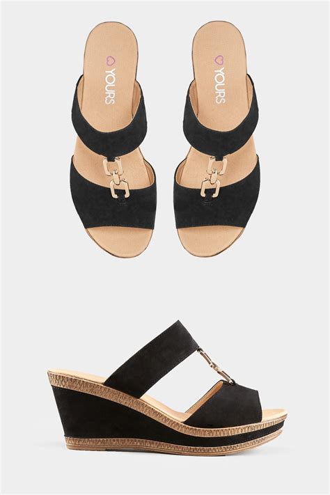 Black Gold Tone Detail Wedge Mules In Extra Wide Fit | Yours Clothing