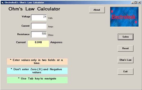 Ohm's Law Calculator Screen Shots and Ohm's Law Electrical Formula Solver, Useful theory for ...