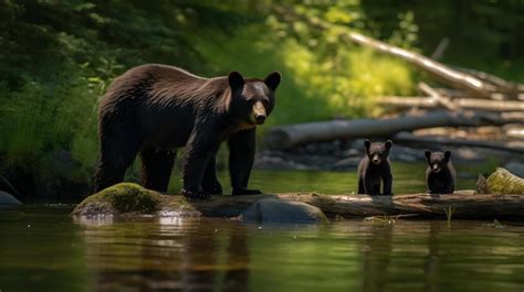 Premium AI Image | A Black Bear Mother and her Cubs in the River