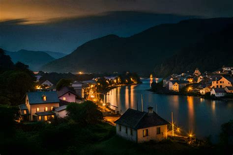 photo wallpaper the sky, night, mountains, water, houses, village, night, the village. AI ...