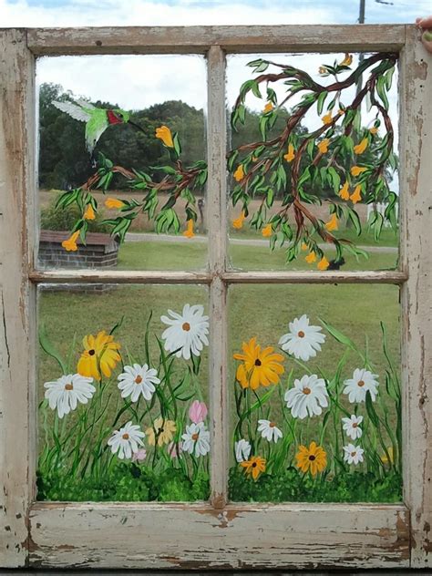 #106 Hand painted window using acrylic paint on the back of the glass. Field of red, orange ...