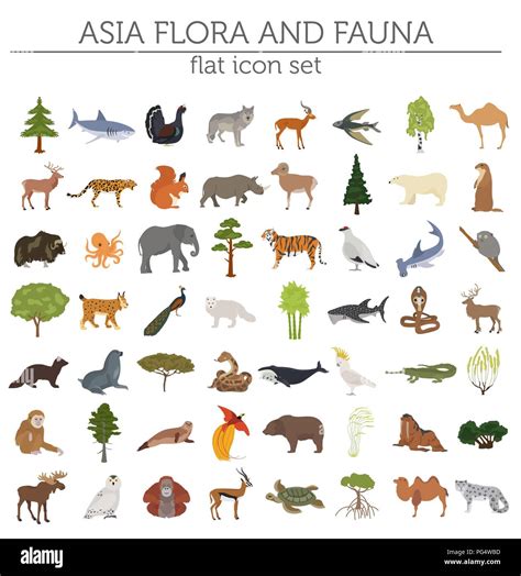 Flat Asian flora and fauna map constructor elements. Animals, birds and sea life isolated on ...