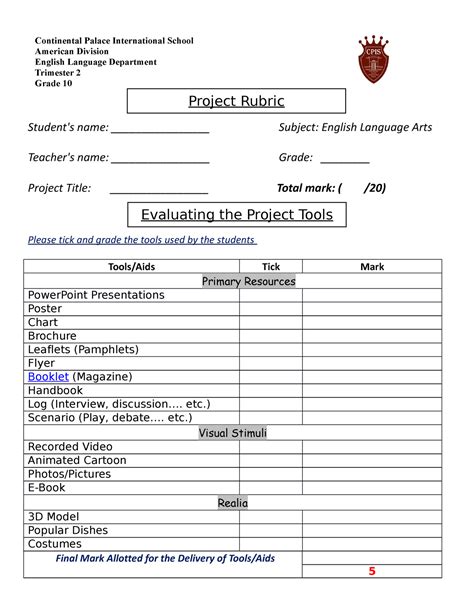 Project Rubric - Continental Palace International School American ...