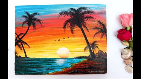 STEP by STEP Sunset Beach Landscape Painting for Beginners Using Acrylic Colours - YouTube