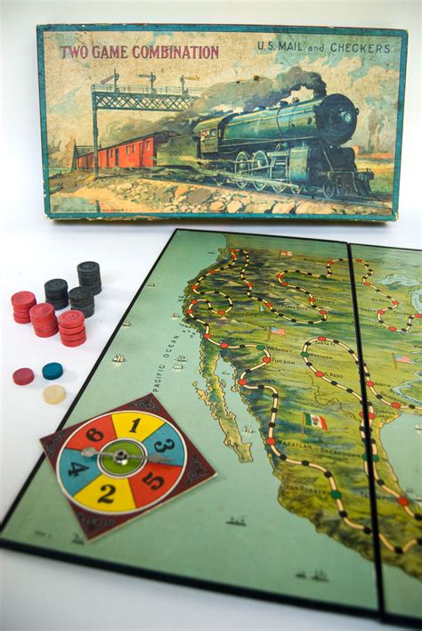 Two Game Combination U.S. Mail and Checkers Milton Bradley Early American Antique Game Train ...