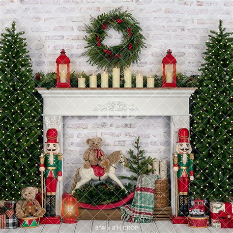 Christmas room photo backdrop with fireplace and Christmas trees