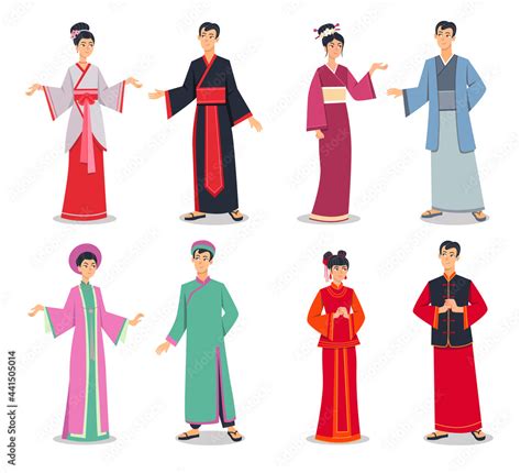 Asian characters in traditional clothes vector illustrations set. Japanese or Chinese people ...