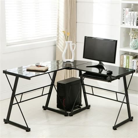 Uenjoy L-Shape PC Glass Corner Black Computer Desk Laptop Table ...