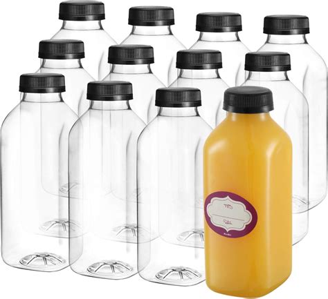 DilaBee 12 Pack 500ml Empty Plastic Juice Bottles with Lids 16 Oz Large Square Drink Containers ...