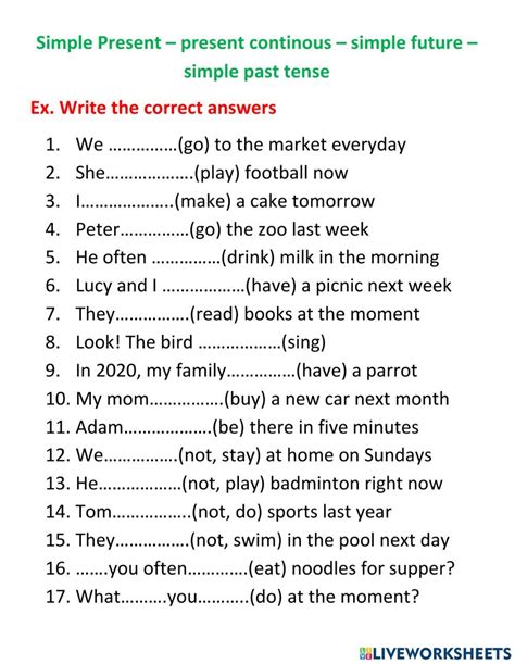 Simple present - present continous - simple future - simple past worksheet | Simple past tense ...