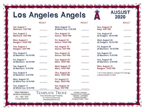 Printable 2020 Los Angeles Angels Schedule