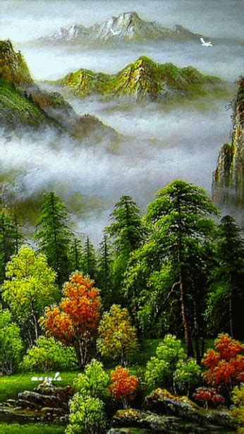 a painting of mountains and trees in the fog