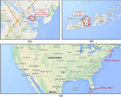 Maps of two locations highlighted in red: (a) Portsmouth Naval Shipyard... | Download Scientific ...