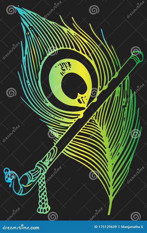 Drawing of Lord Krishna Sign and Symbol of Colorful Flute with Peacock ...