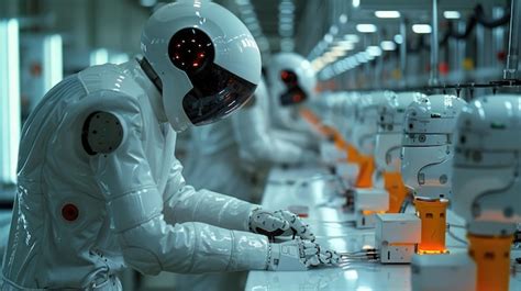 Futuristic Factory Workers Assembling Robots | Premium AI-generated image