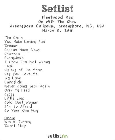 Fleetwood Mac Setlist Greensboro Coliseum, Greensboro, NC, USA 2015, On ...