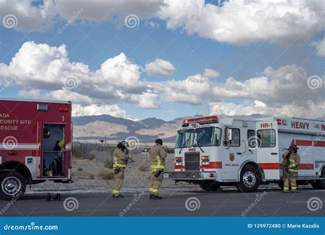 Firemen and Emergency Fire Rescue Vehicles Mojave Desert Town, Pahrump, Nevada Editorial Image ...