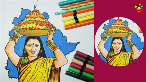 Bathukamma Drawing ||Telangana Bathukamma - Telangana women painting ...