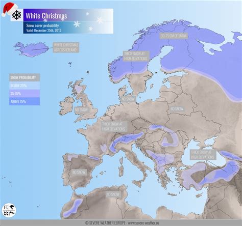 Christmas day snow cover across Europe - probability of snow coverage ...