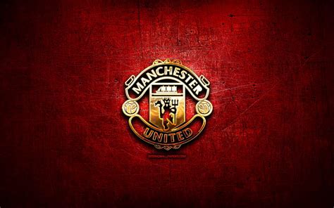 Manchester United FC, golden logo, Premier League, red abstract background, soccer, HD wallpaper ...