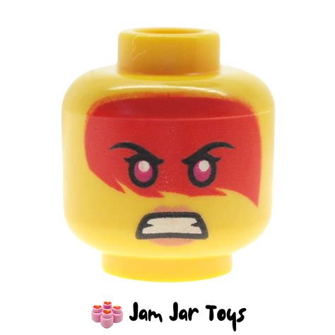 LEGO Harumi Head, Magenta Eyes, Red Paint Across Eyes, Peach Lips, Smile / Angry. HF41