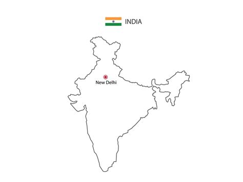 Hand draw thin black line vector of India Map with capital city New Delhi on white background ...