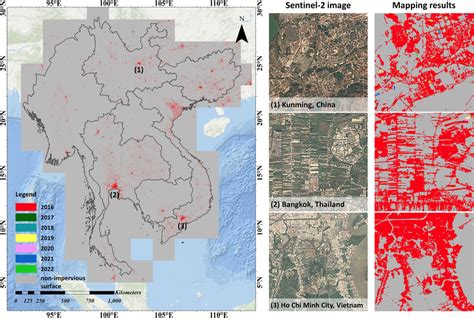 Sample results of the impervious surface area map. The left panel ...