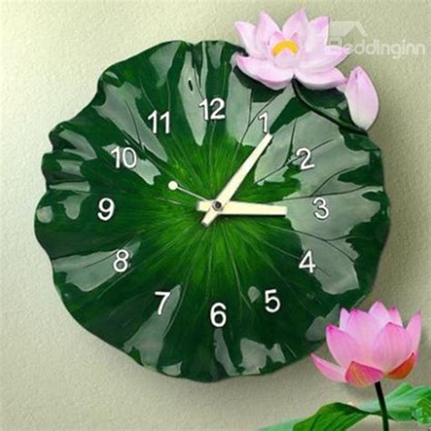 a clock that is on the side of a wall with water lilies in it