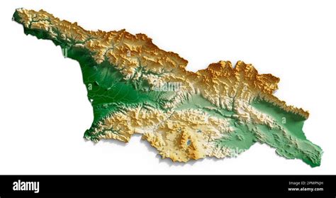 Georgia. Detailed 3D rendering of a shaded relief map with rivers and ...