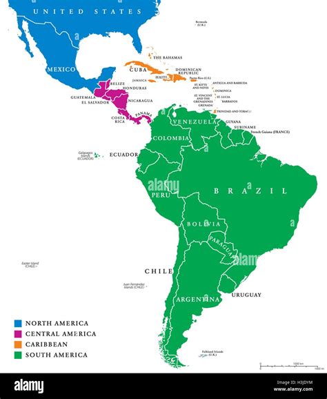 Latin America regions political map. The subregions Caribbean, North ...