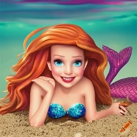 Sparkly blonde-haired mermaid lying on the sand